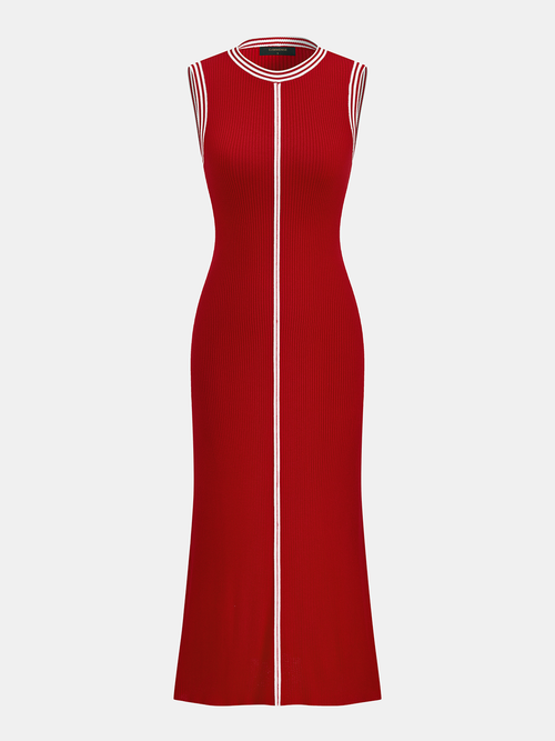 Contrast Trim Ribbed Knit Sleeveless Maxi Dress