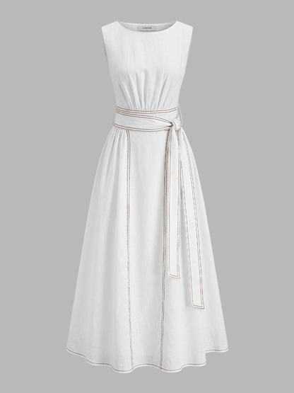 Cotton Linen Sleeveless Belted Maxi Dress