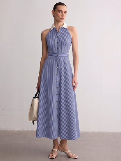 Collared Striped Sleeveless Buttoned Maxi Dress