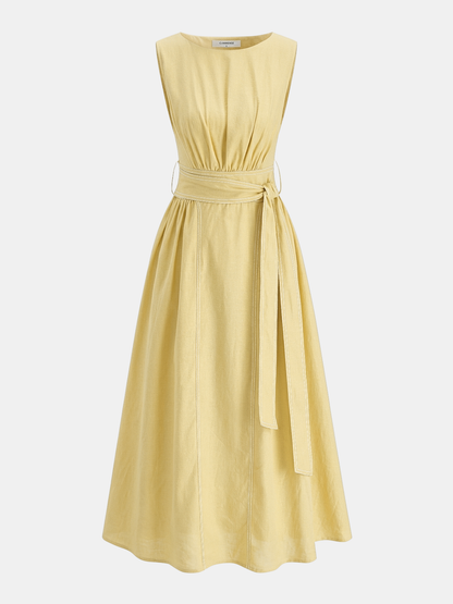 Cotton Linen Sleeveless Belted Maxi Dress