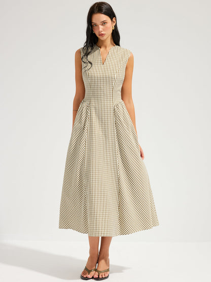Cotton Blend Check Sleeveless Maxi Dress