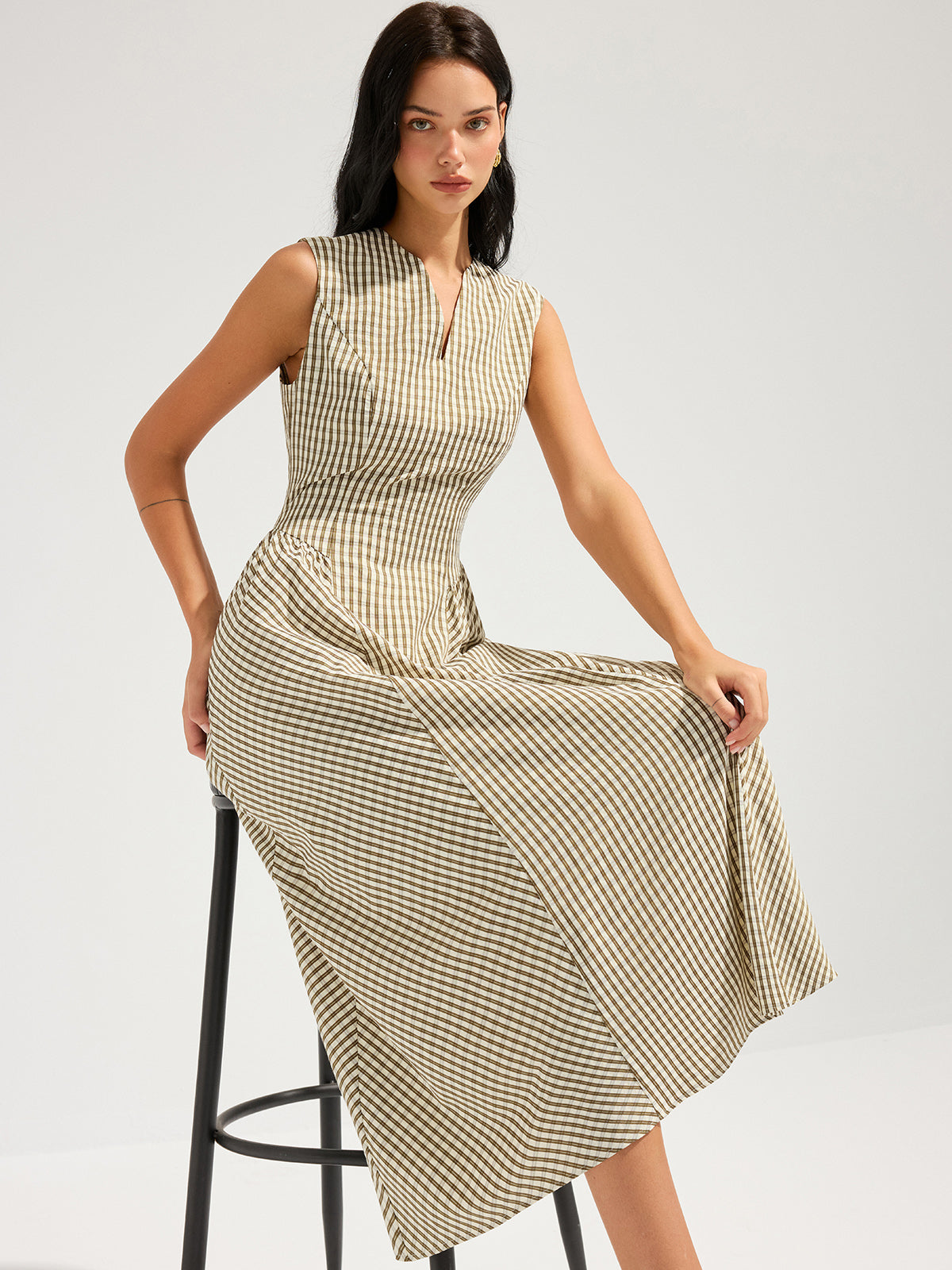 Cotton Blend Check Sleeveless Maxi Dress
