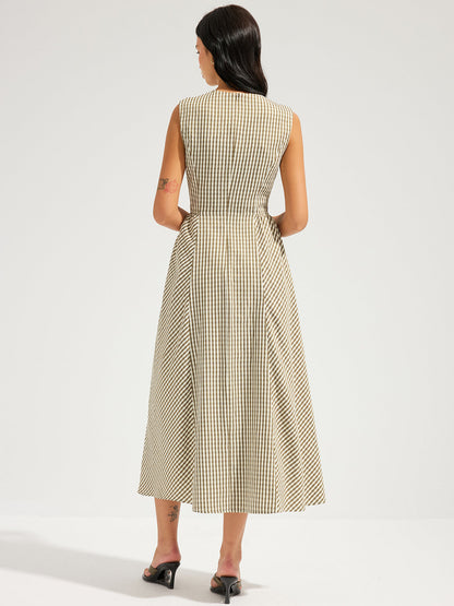 Cotton Blend Check Sleeveless Maxi Dress
