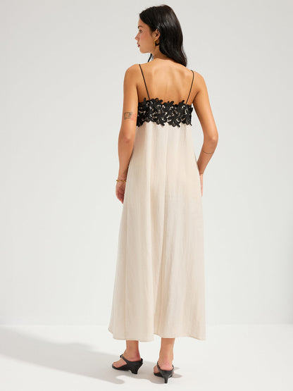 Lace Trim Linen-Blend Cami Maxi Dress