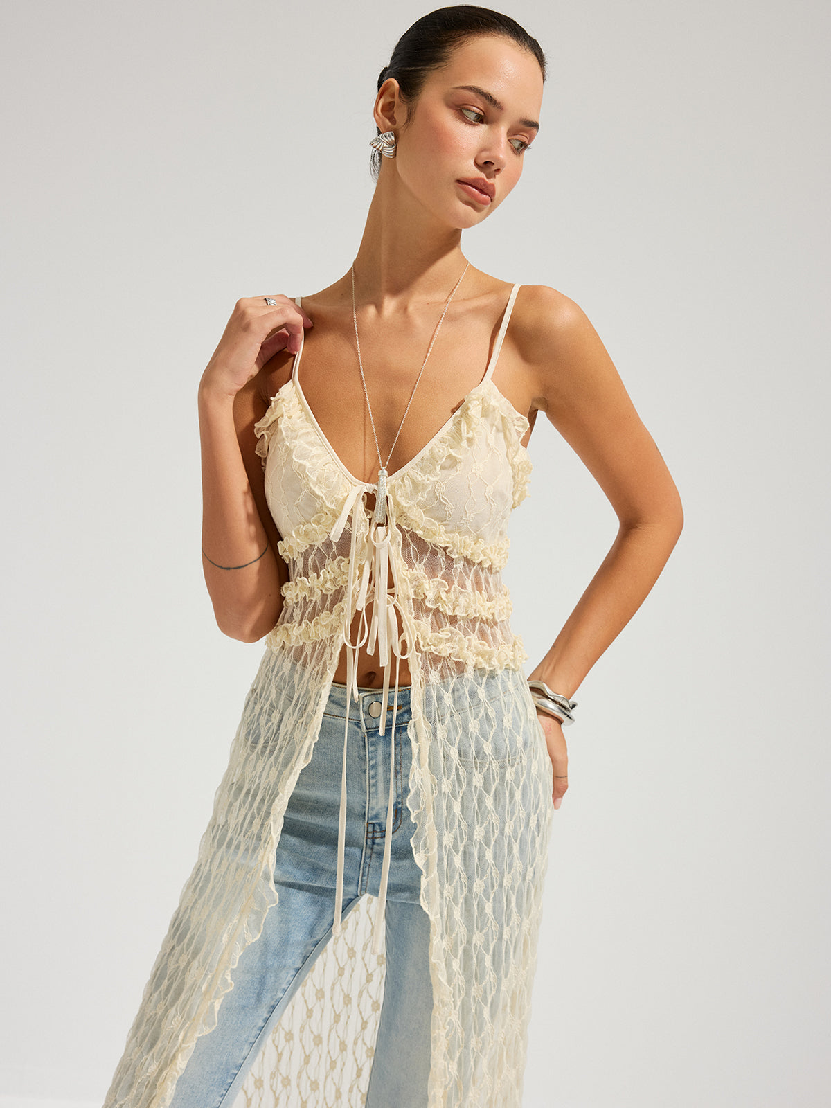 Ruffle Lace Sheer Cami Midi Dress