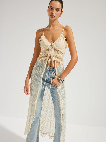 Ruffle Lace Sheer Cami Midi Dress