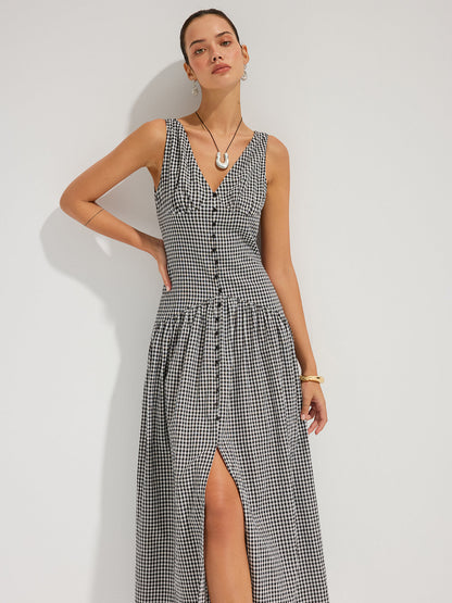 Gingham Cotton Sleeveless V-Neck Maxi Dress