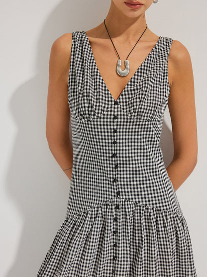 Gingham Cotton Sleeveless V-Neck Maxi Dress