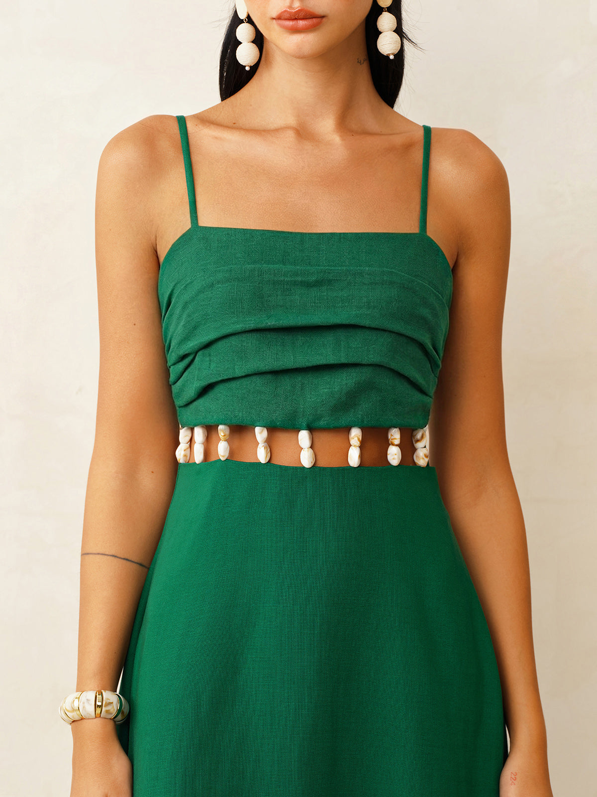 Linen-Blend Cutout Waist Cami Midi Dress