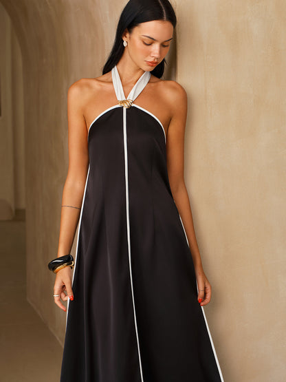 Satin Contrast Trim Halter Midi Dress