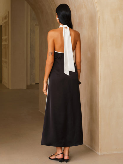 Satin Contrast Trim Halter Midi Dress