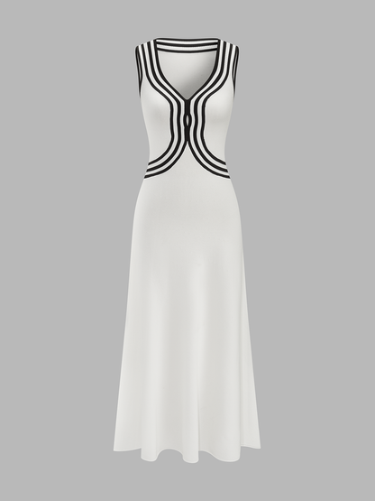 Striped Sleeveless V Neck Knit Maxi Dress