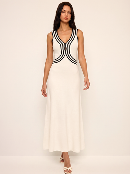 Striped Sleeveless V Neck Knit Maxi Dress