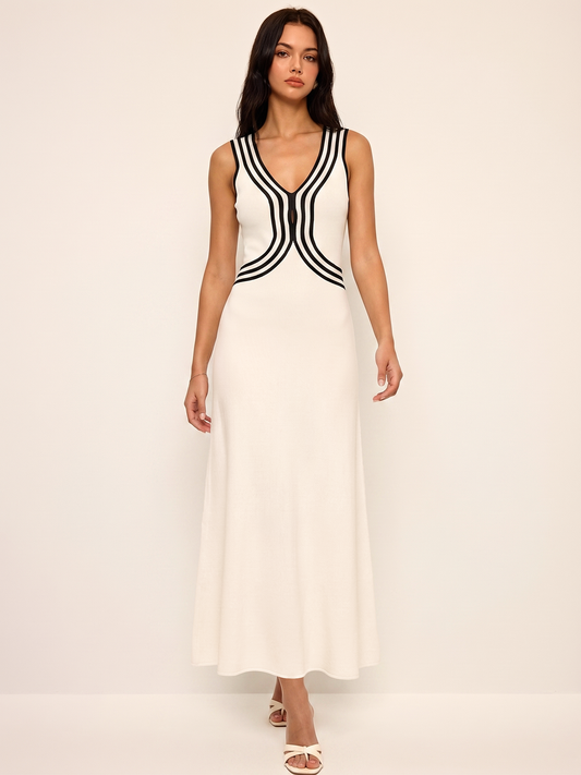 Striped Sleeveless V Neck Knit Maxi Dress