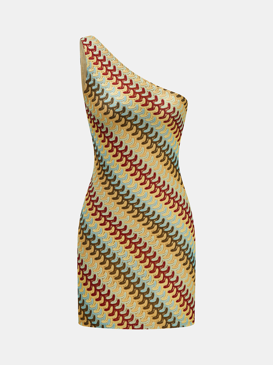 One Shoulder Wave Striped Slim Fit Mini Dress