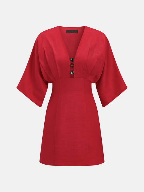 Linen Blend V Neck Embellished Mini Dress