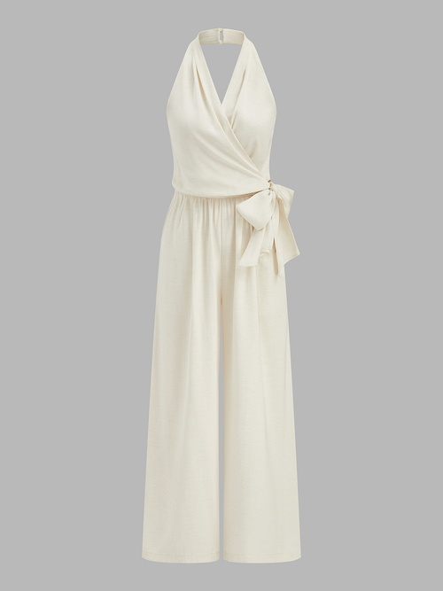 Halter Neck Tie Waist Wide Leg Jumpsuit
