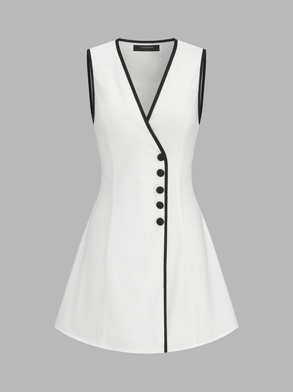 Linen Blend Contrast Trim Sleeveless Mini Dress