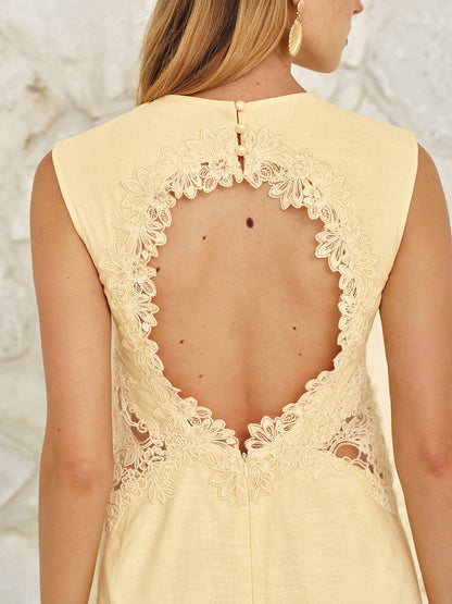 Backless Lace Cotton Linen Mini Dress