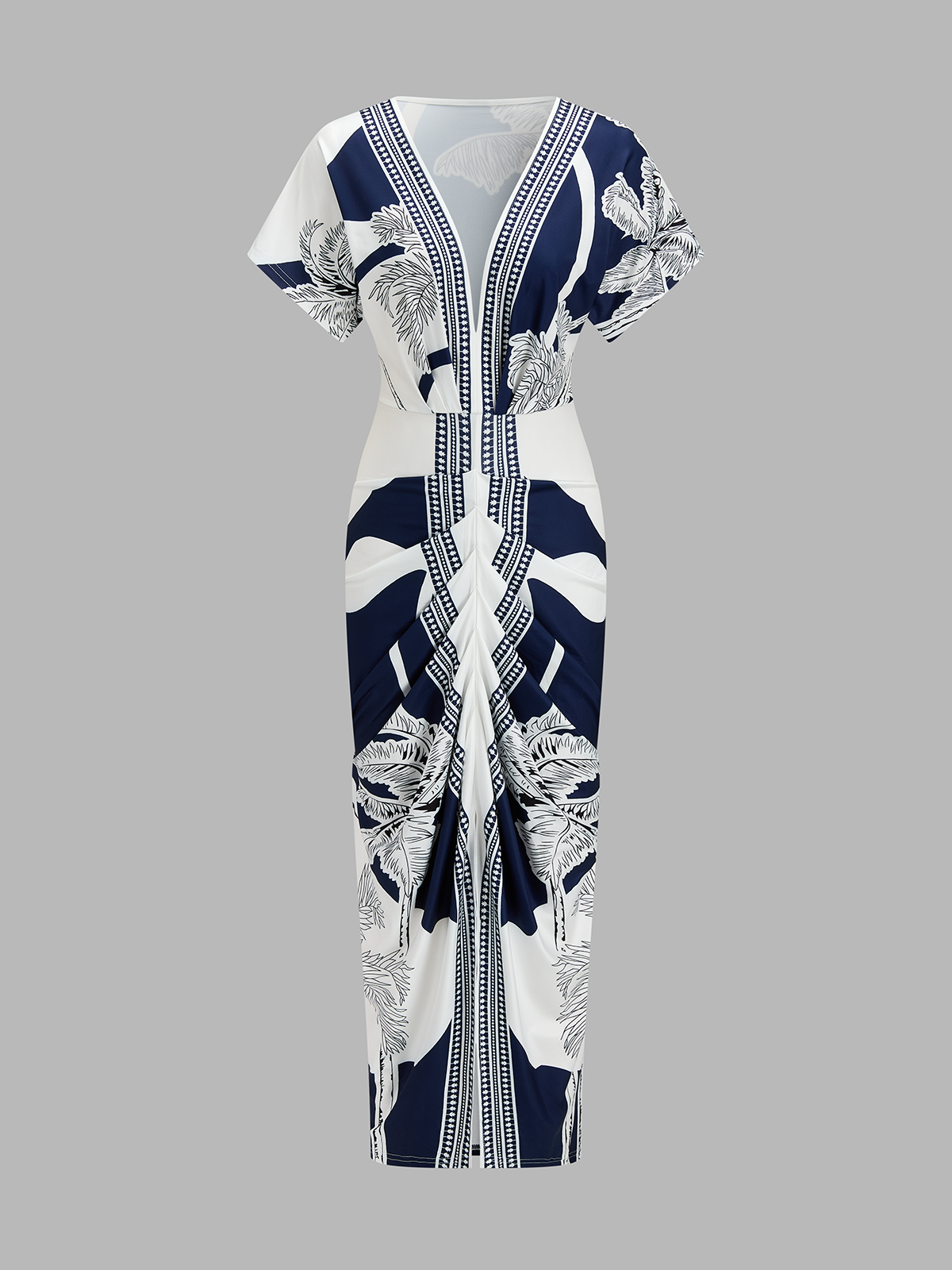 Printed Deep V-Neck Midi Dress Without Belt