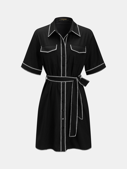 Contrast Stitch Belted Shirt Dress