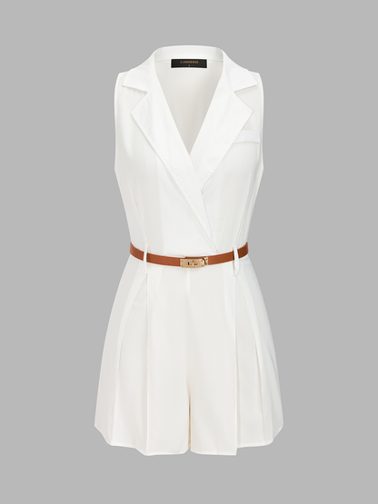 Casual Sleeveless Lapel Belted Romper