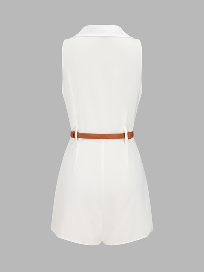 Casual Sleeveless Lapel Belted Romper