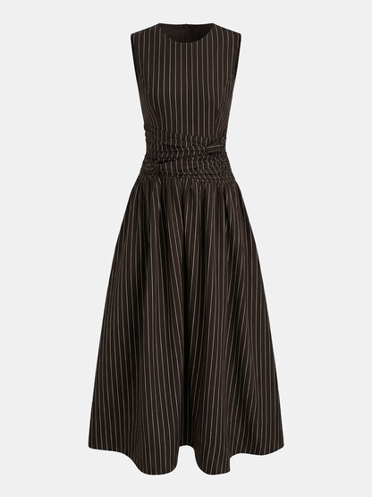 Cotton Blend Striped Ruched Sleeveless Maxi Dress