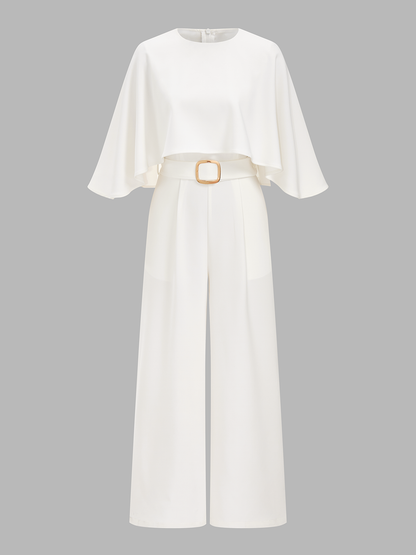 Cape-Sleeve Belted Wide-Leg Jumpsuit