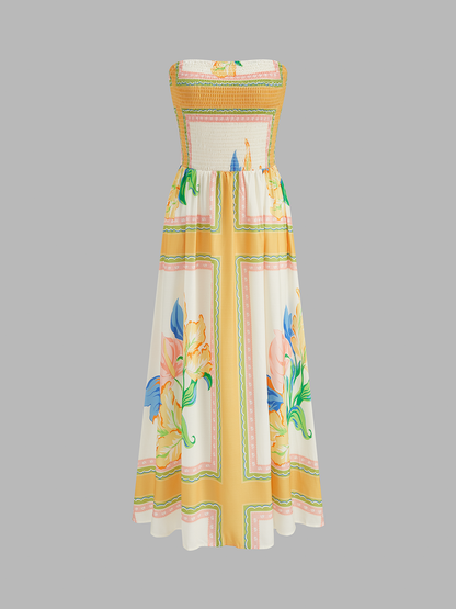 Smocked Bodice Strapless Floral Print Maxi Dress