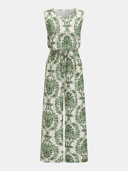 Sleeveless Damask Print Wide Leg Jumpsuit