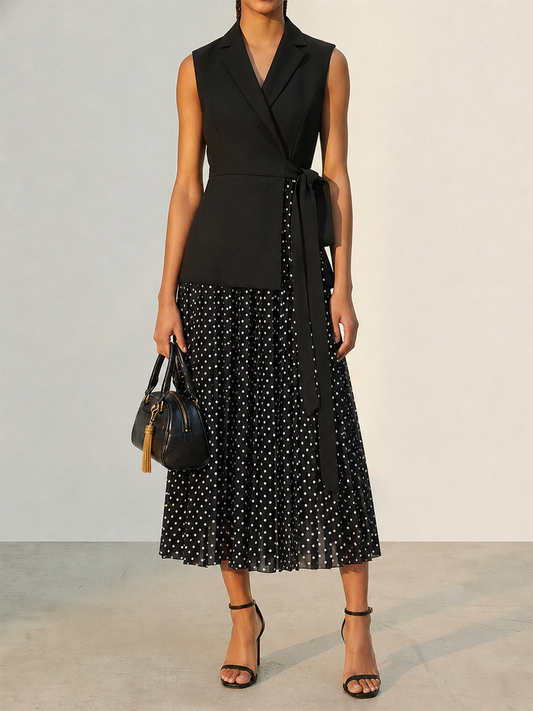 Tie Waist Blazer-Style Polka Dot Maxi Dress