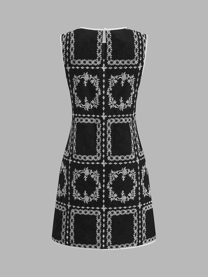 Linen Blend Embroidered Sleeveless Shift Dress