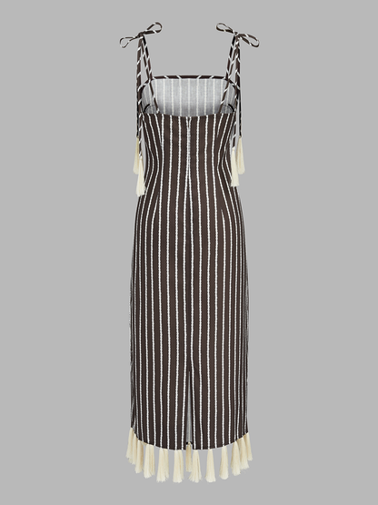 Striped Tassel Tie-Strap Midi Dress