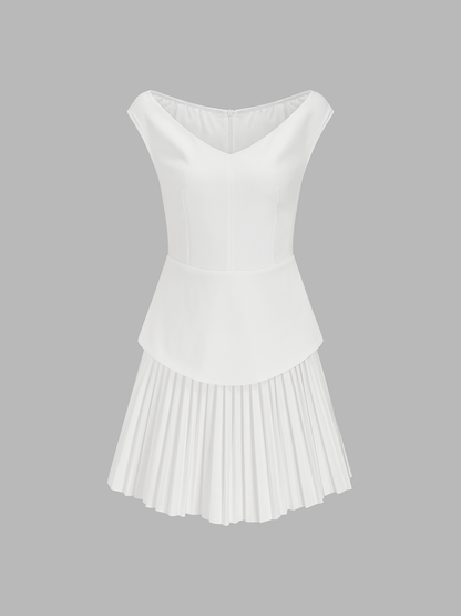 Sleeveless V Neck Pleated Mini Dress