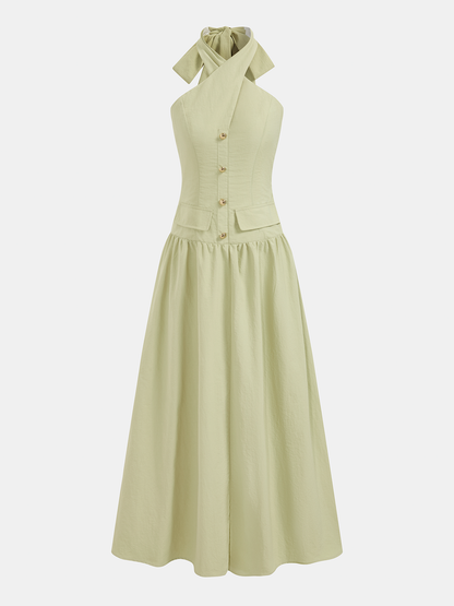 Halter Neck Fitted Waist Cotton Maxi Dress