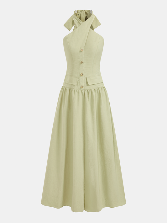 Halter Neck Fitted Waist Cotton Maxi Dress