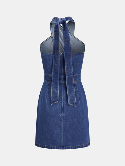 Cross-Front Halter Neck Denim Mini Dress