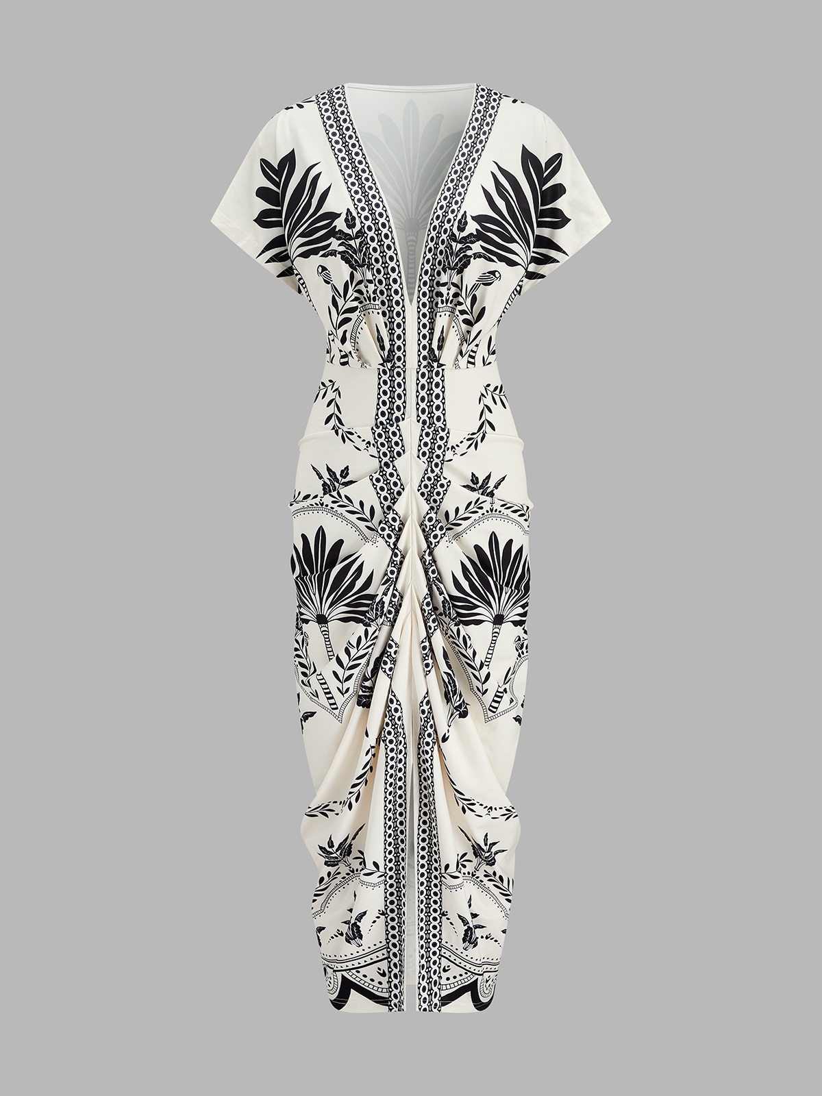 Palm Leaf Print Deep V Neck Midi Dress