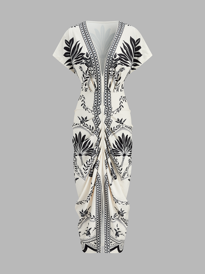 Palm Leaf Print Deep V Neck Midi Dress