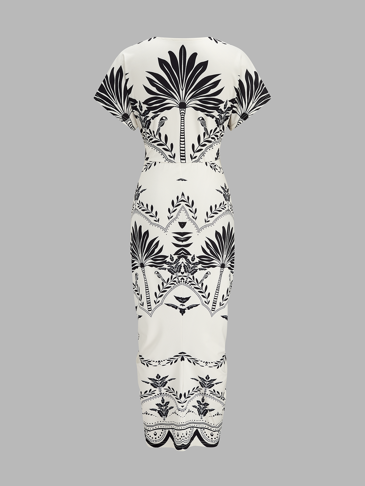 Palm Leaf Print Deep V Neck Midi Dress