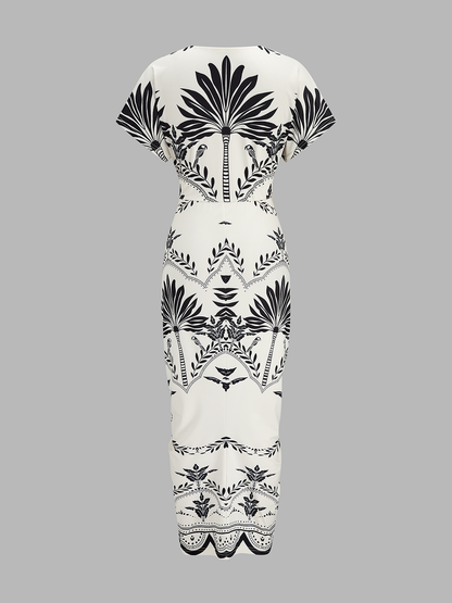 Palm Leaf Print Deep V Neck Midi Dress