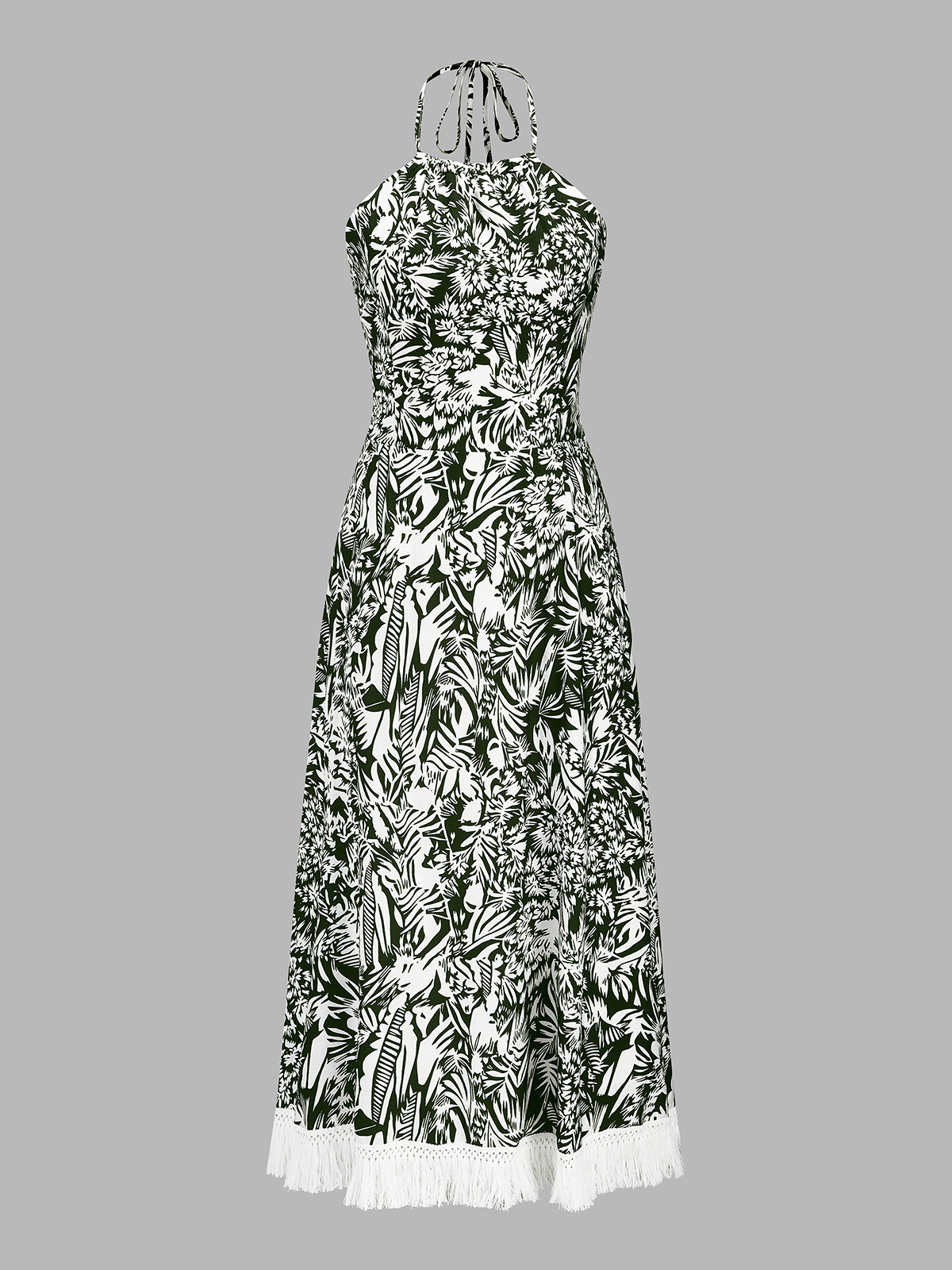 Fringe Hem Jungle Print Halter Maxi Dress