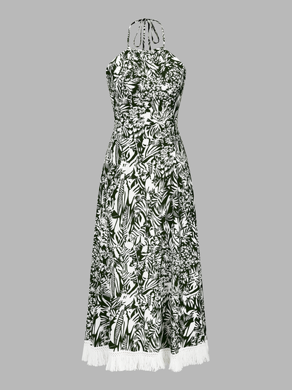 Fringe Hem Jungle Print Halter Maxi Dress