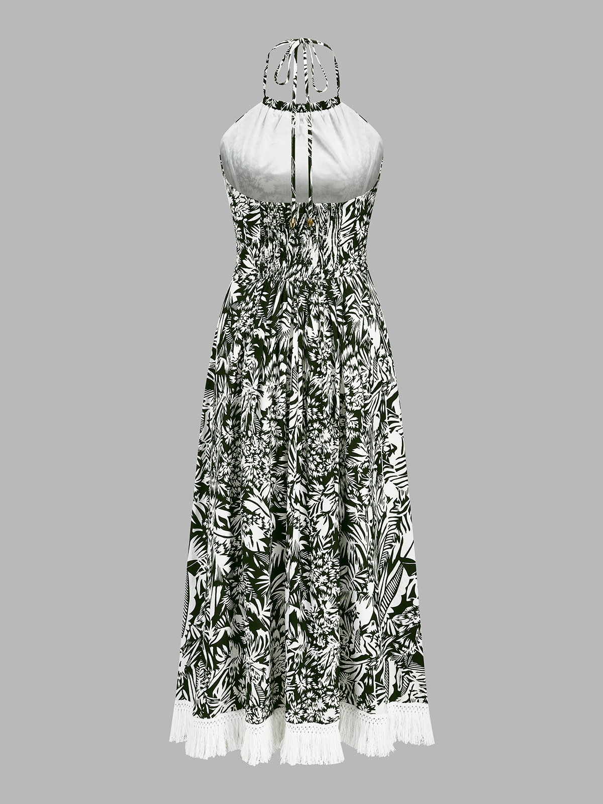 Fringe Hem Jungle Print Halter Maxi Dress