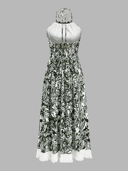 Fringe Hem Jungle Print Halter Maxi Dress