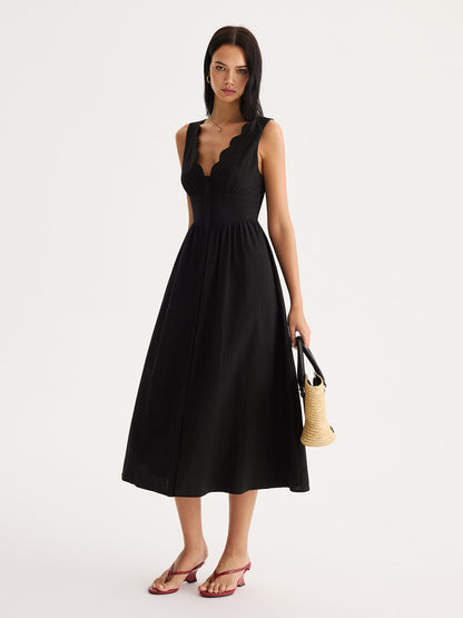 Scalloped Neckline Tie-Back Cotton Maxi Dress