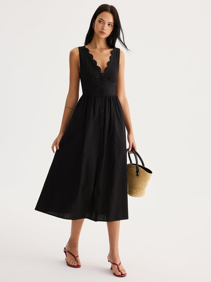 Scalloped Neckline Tie-Back Cotton Maxi Dress
