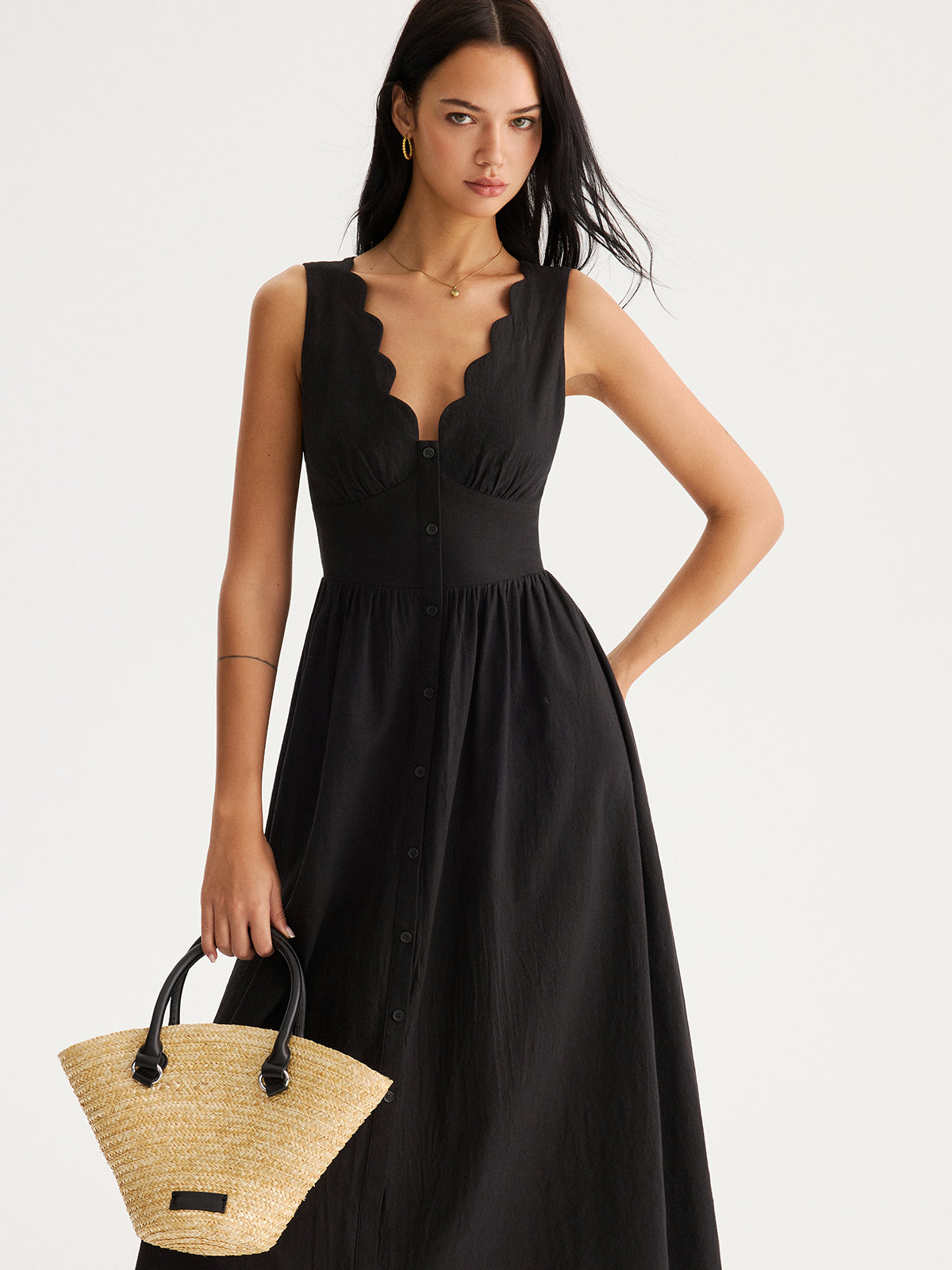 Scalloped Neckline Tie-Back Cotton Maxi Dress