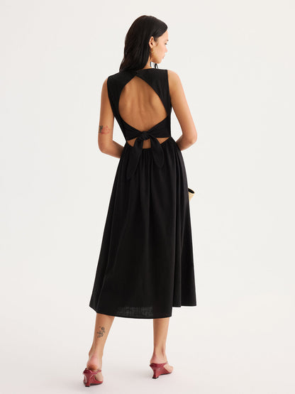 Scalloped Neckline Tie-Back Cotton Maxi Dress